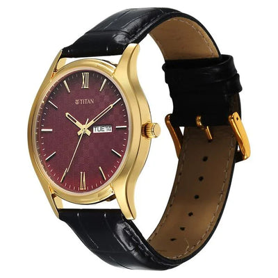 Titan Brown Dial Black Leather Strap Analog with Day Date Watch for Men