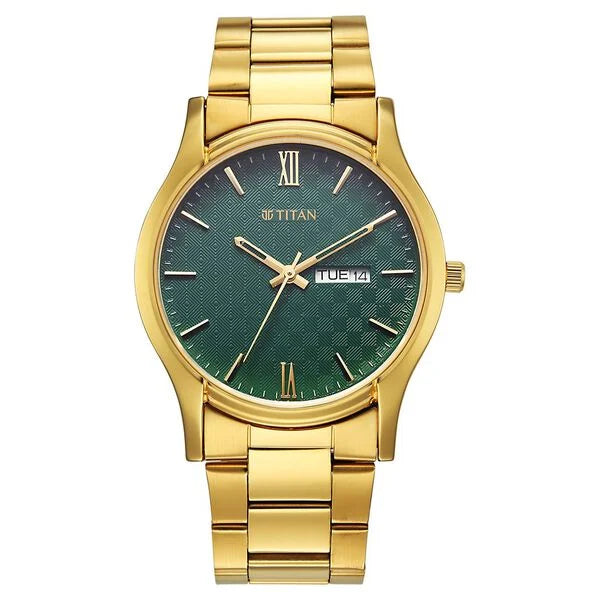 Titan Watches Titan Green Dial Gold Metal Strap Analog with Day Date Watch for Men
