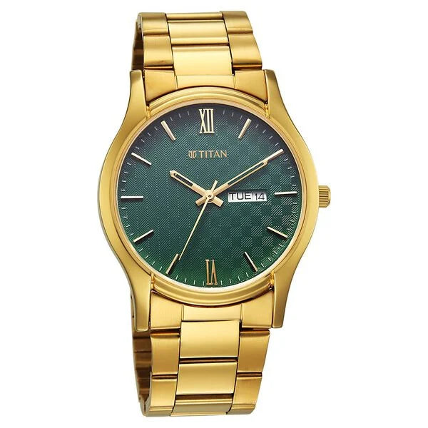 Titan Green Dial Gold Metal Strap Analog with Day Date Watch for Men