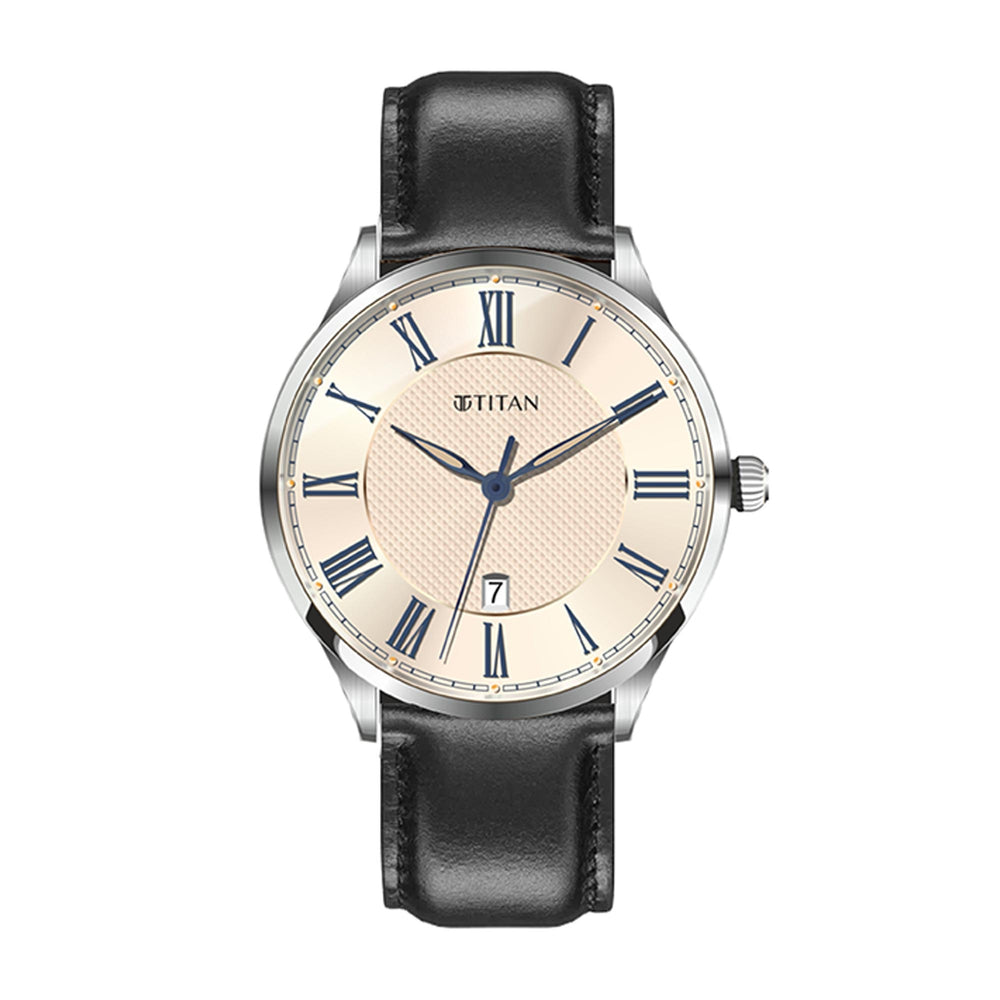Titan Rose Gold Dial Black Leather Strap Analog with Date Watch for Men