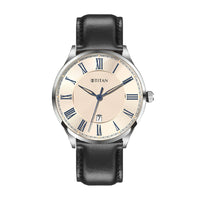 Titan Rose Gold Dial Black Leather Strap Analog with Date Watch for Men