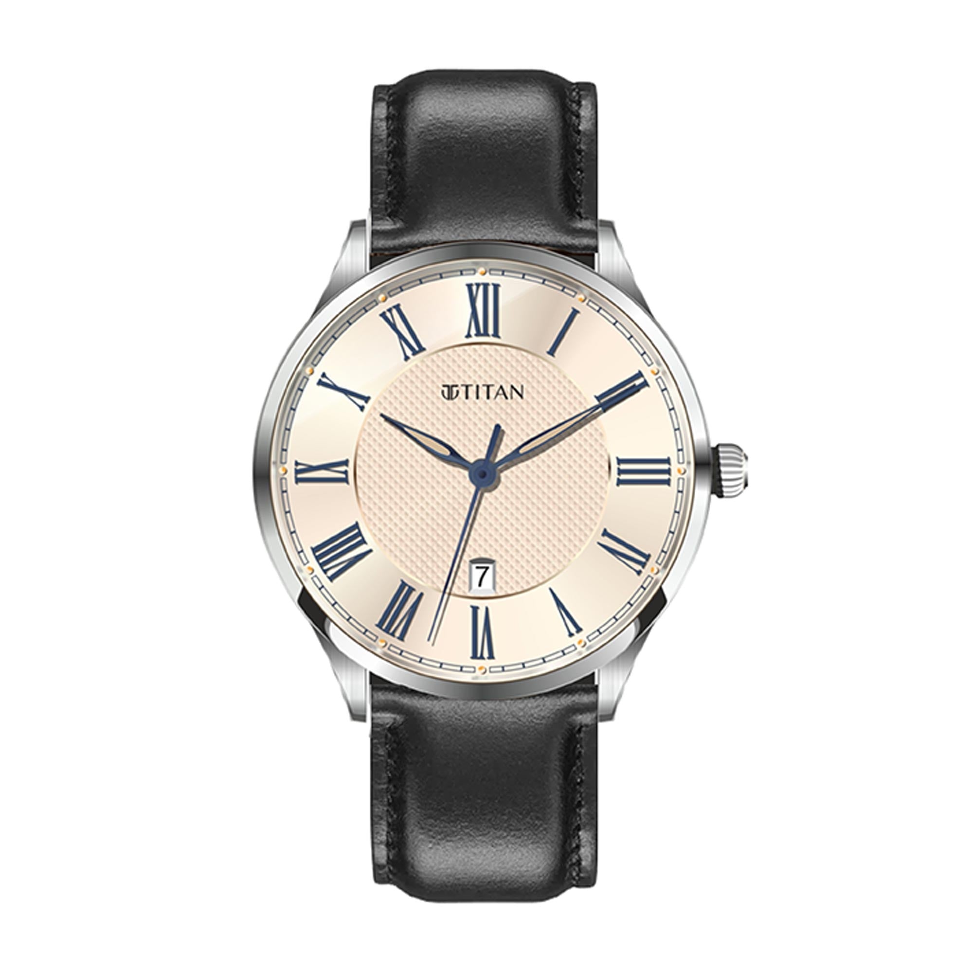 Titan Rose Gold Dial Black Leather Strap Analog with Date Watch for Men