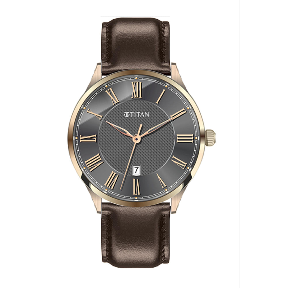 Titan Anthracite Dial Brown Leather Strap Analog with Date Watch for Men
