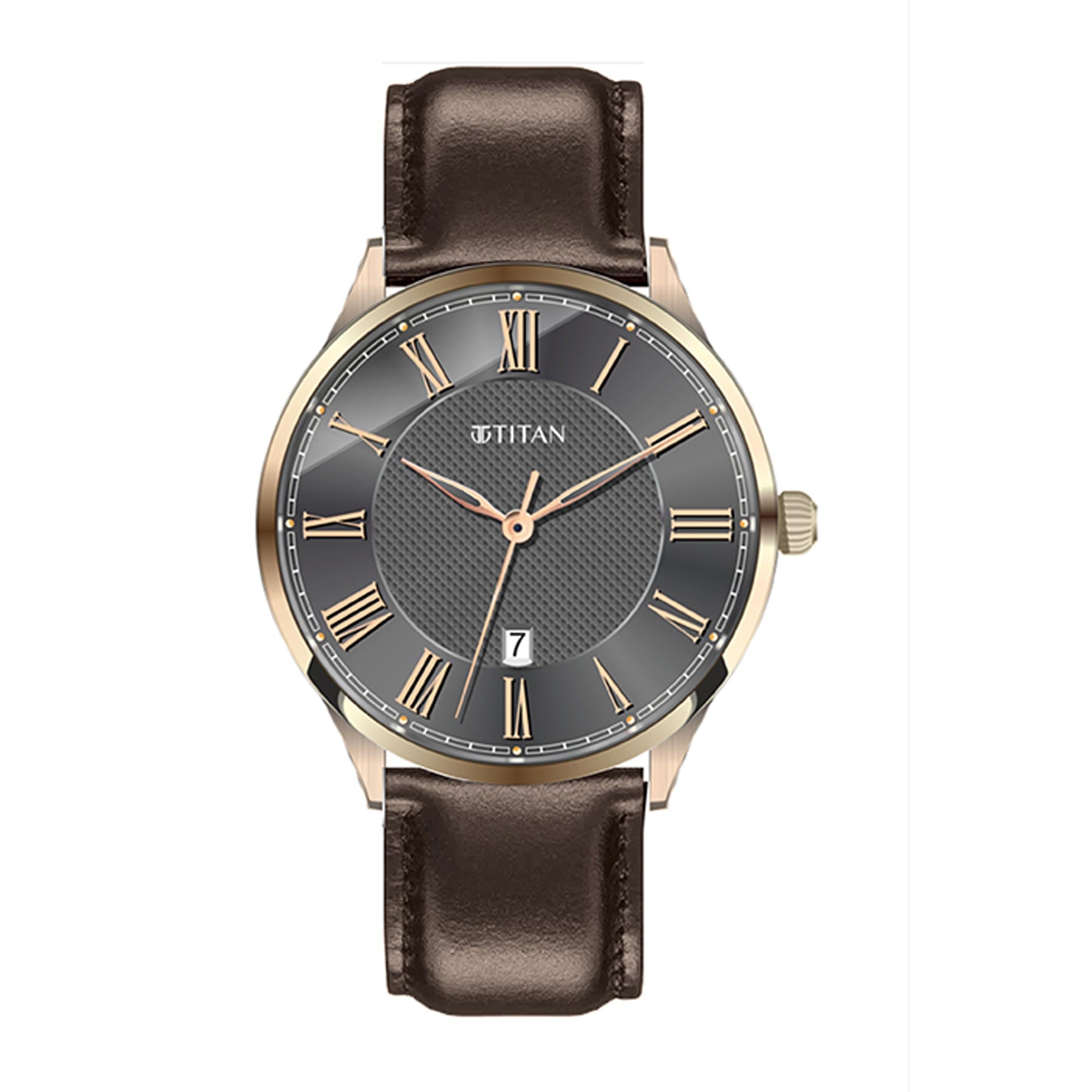 Titan Anthracite Dial Brown Leather Strap Analog with Date Watch for Men