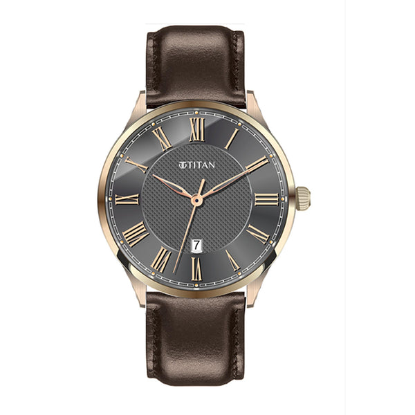 Titan Anthracite Dial Brown Leather Strap Analog with Date Watch for Men