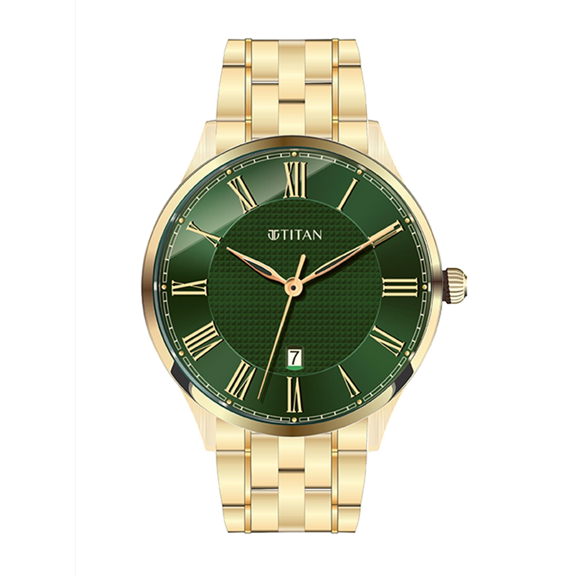 Titan Green Dial Gold Stainless Steel Strap Analog Watch for Men