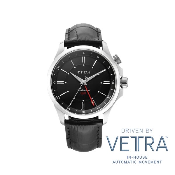 Titan Dualis Black Dial Leather Strap Automatic GMT Watch for Men