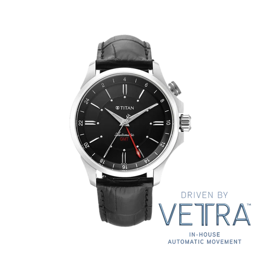 Titan Dualis Black Dial Leather Strap Automatic GMT Watch for Men