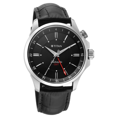 Titan Dualis Black Dial Leather Strap Automatic GMT Watch for Men