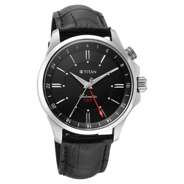 Titan Dualis Black Dial Leather Strap Automatic GMT Watch for Men