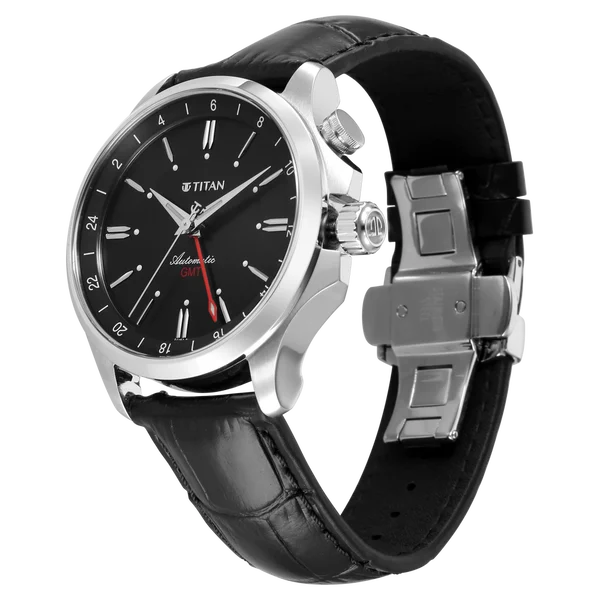 Titan Dualis Black Dial Leather Strap Automatic GMT Watch for Men