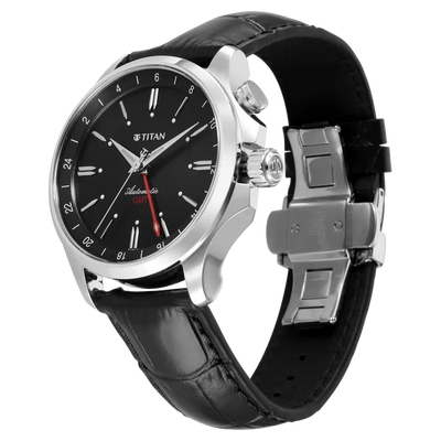 Titan Dualis Black Dial Leather Strap Automatic GMT Watch for Men