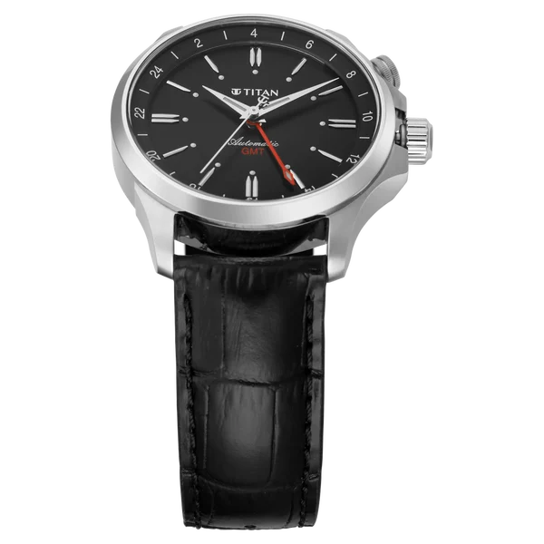 Titan Vetra Dualis Black Dial Leather Strap Automatic GMT Watch for Men
