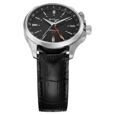 Titan Dualis Black Dial Leather Strap Automatic GMT Watch for Men