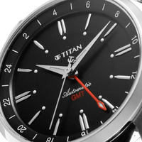 Titan Dualis Black Dial Leather Strap Automatic GMT Watch for Men