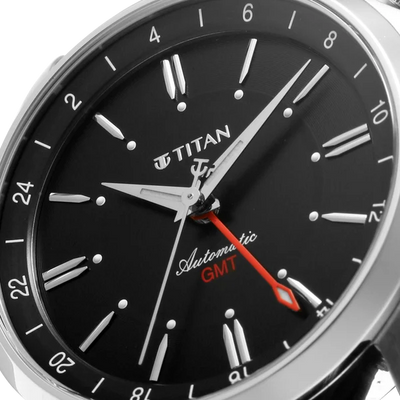 Titan Dualis Black Dial Leather Strap Automatic GMT Watch for Men