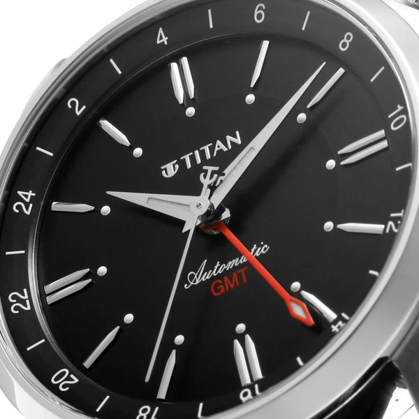 Titan Dualis Black Dial Leather Strap Automatic GMT Watch for Men