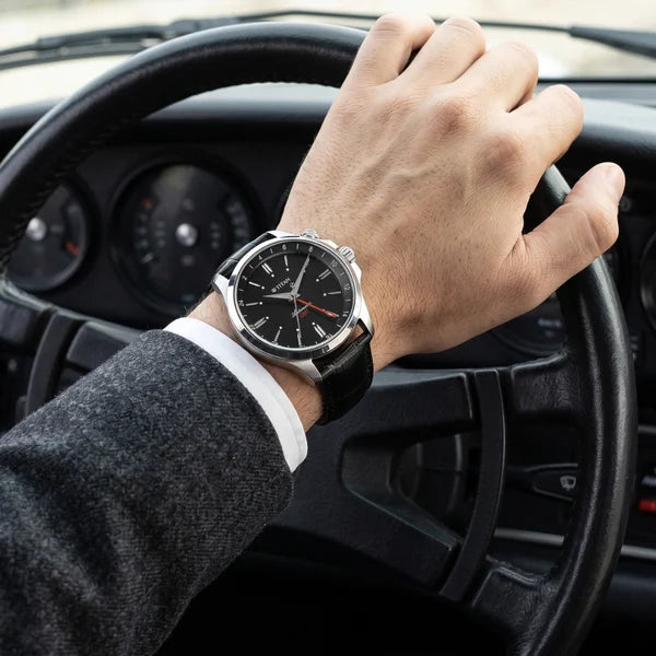 Titan Vetra Dualis Black Dial Leather Strap Automatic GMT Watch for Men