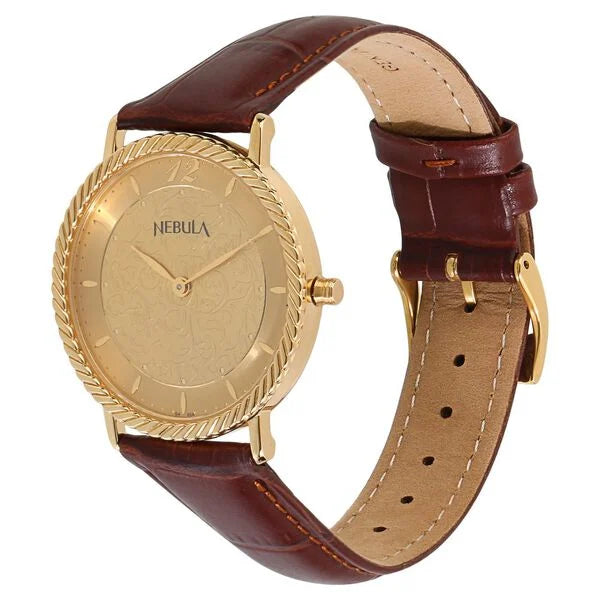 Titan Nebula 18K Gold Dial Brown Leather Strap Analog Watch for Men