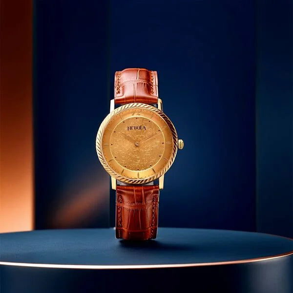 Titan Nebula 18K Gold Dial Brown Leather Strap Analog Watch for Men