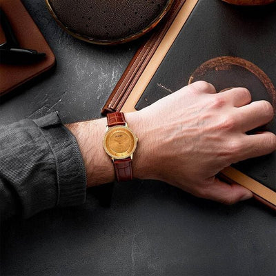 Titan Nebula 18K Gold Dial Brown Leather Strap Analog Watch for Men