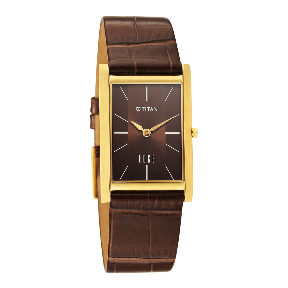 Titan Edge Brown Rectangular Dial Leather Strap Analog Watch for Men