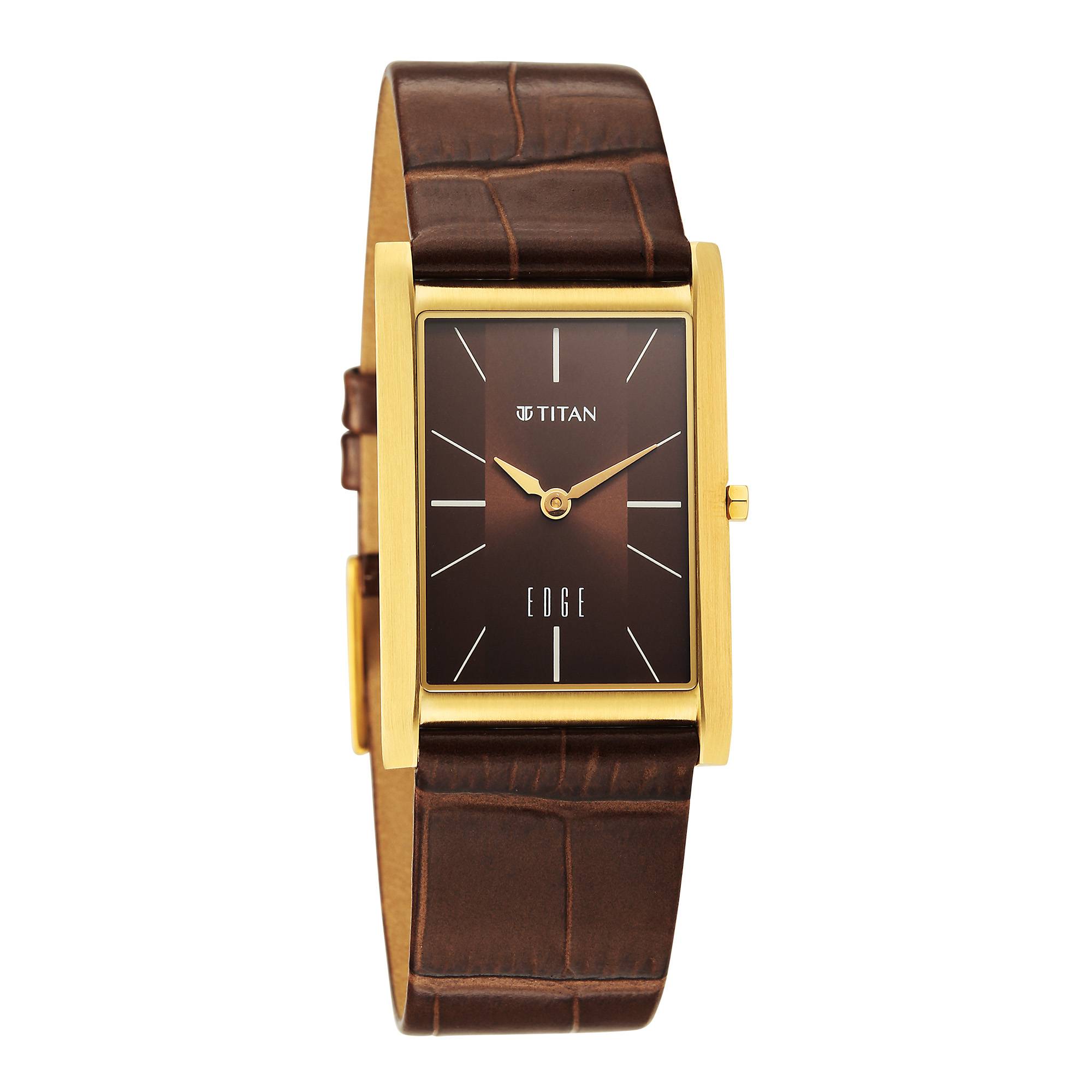 Titan Edge Brown Rectangular Dial Leather Strap Analog Watch for Men