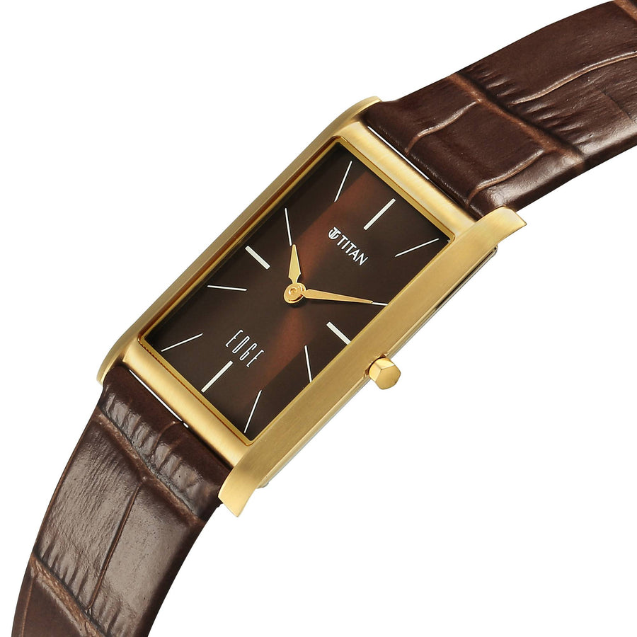 Titan Edge Brown Rectangular Dial Leather Strap Analog Watch for Men