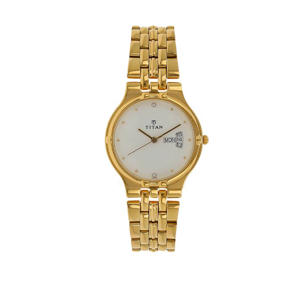 Titan White Dial Gold Stainless Steel Strap Analog with Day-Date Watch for Men