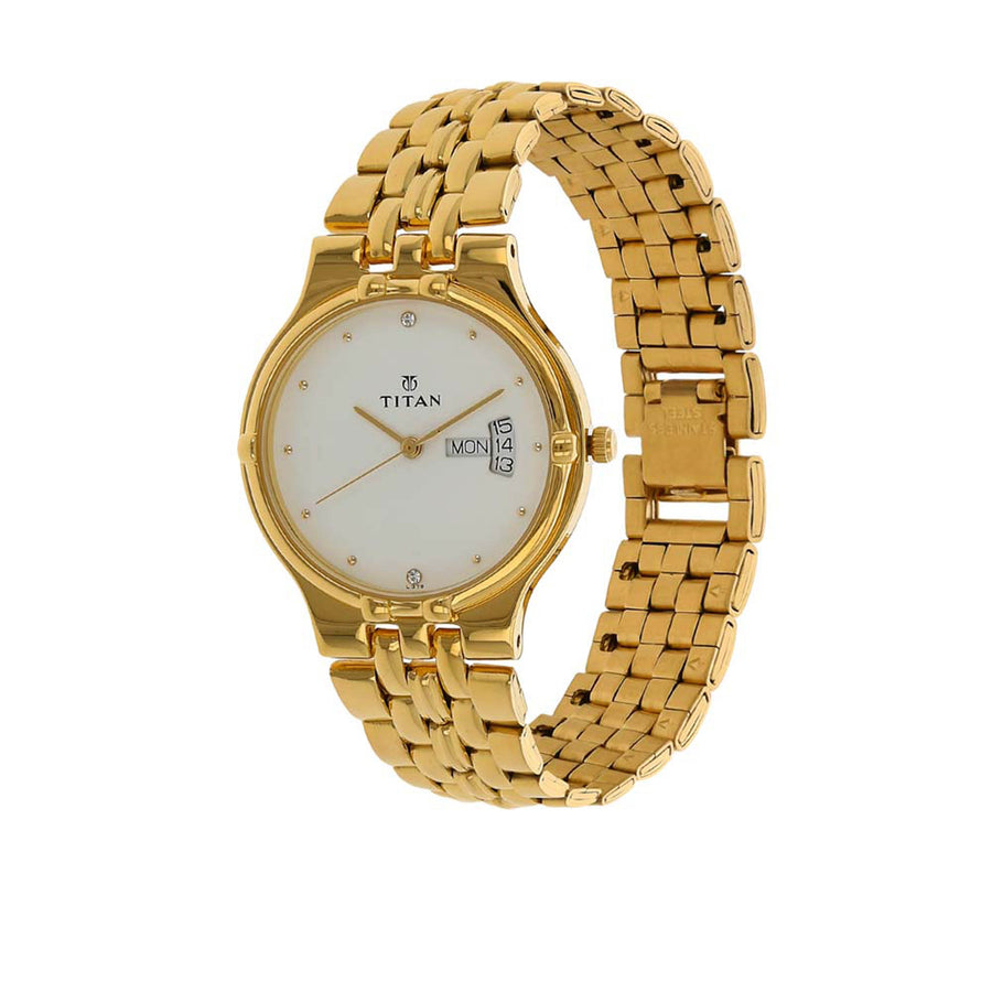 Titan White Dial Gold Stainless Steel Strap Analog with Day-Date Watch for Men