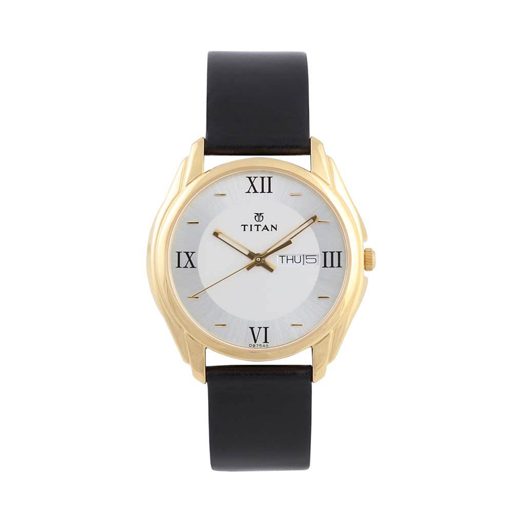 Titan Silver Dial Black Leather Strap Analog with Day-Date Watch for Men