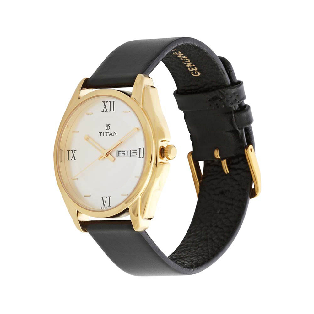 Titan Silver Dial Black Leather Strap Analog with Day-Date Watch for Men