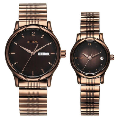Titan Bandhan Brown Dial Stainless Steel Strap Analog with Day-Date Watch for Couple