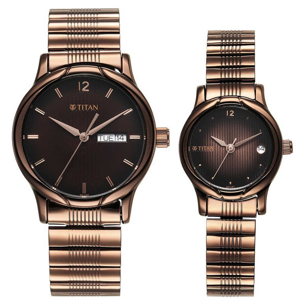 Titan Bandhan Brown Dial Stainless Steel Strap Analog with Day-Date Watch for Couple