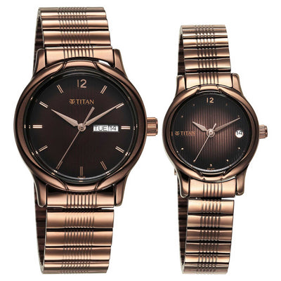 Titan Bandhan Brown Dial Stainless Steel Strap Analog with Day-Date Watch for Couple