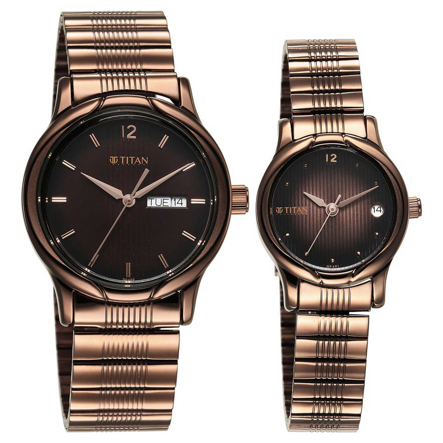 Titan Bandhan Brown Dial Stainless Steel Strap Analog with Day-Date Watch for Couple