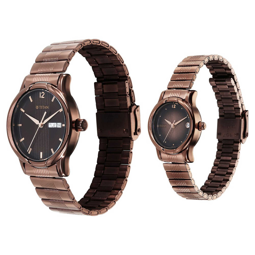 Titan Bandhan Brown Dial Stainless Steel Strap Analog with Day-Date Watch for Couple