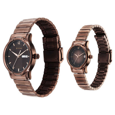 Titan Bandhan Brown Dial Stainless Steel Strap Analog with Day-Date Watch for Couple