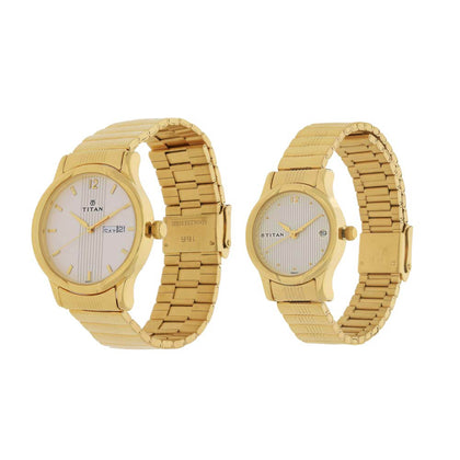 Titan Quartz Analog with Day and Date White Dial Metal Strap Watch for Couple
