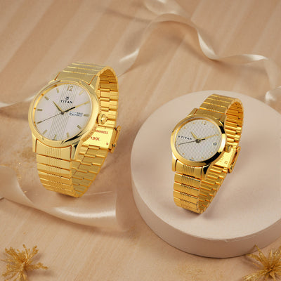 Titan White Dial Golden Metal Strap Analog with Day and Date Watch for Couple