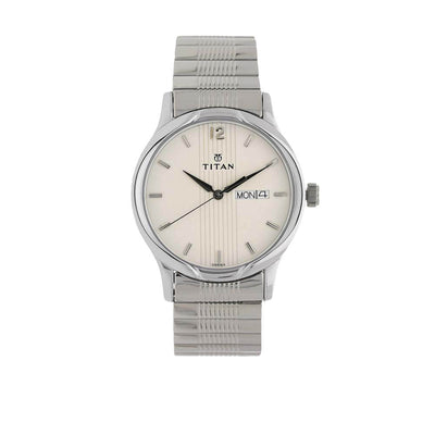 Titan Quartz Analog with Day and Date Silver Dial Stainless Steel Strap Watch for Men
