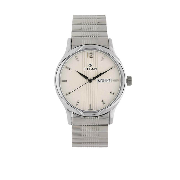 Titan Quartz Analog with Day and Date Silver Dial Stainless Steel Strap Watch for Men