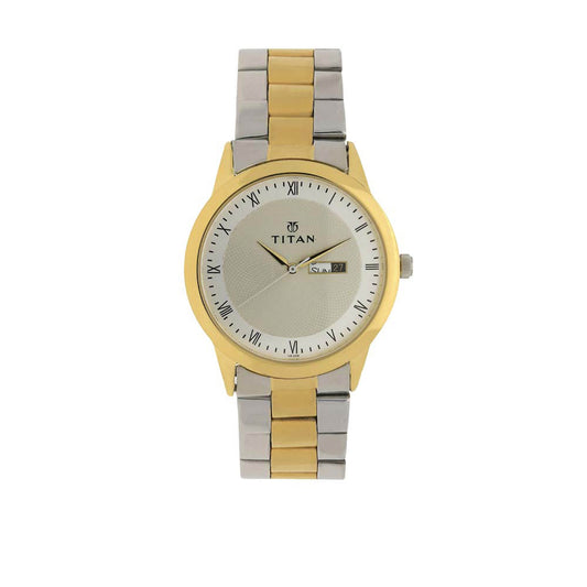 Titan Quartz Analog with Day and Date Champagne Dial Two Toned Stainless Steel Strap Watch For Men