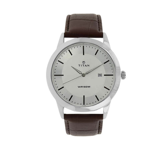Titan Classic Silver Dial Analog with Date Leather Strap watch for Men