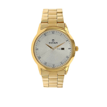 Titan Quartz Analog with Day and Date Silver Round Dial Golden Stainless Steel Strap Watch For Men