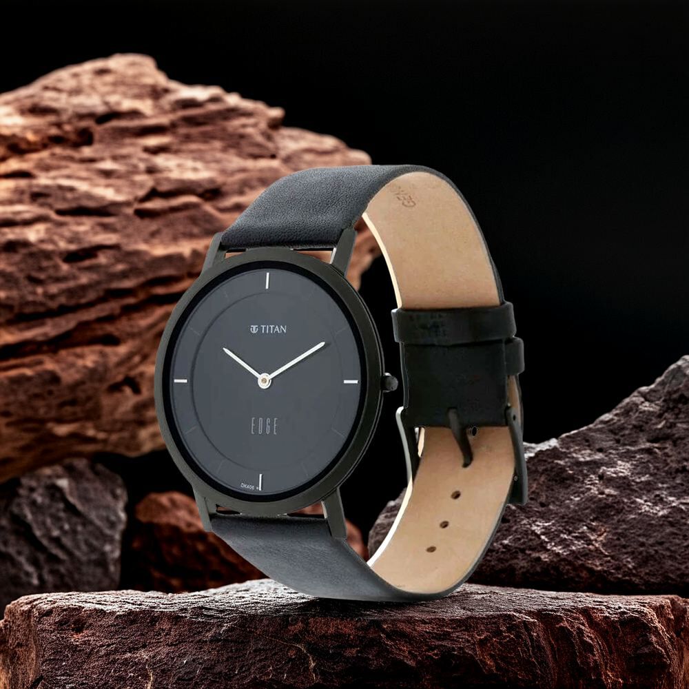Titan Edge Black Dial Quartz Leather Strap Watch for Men