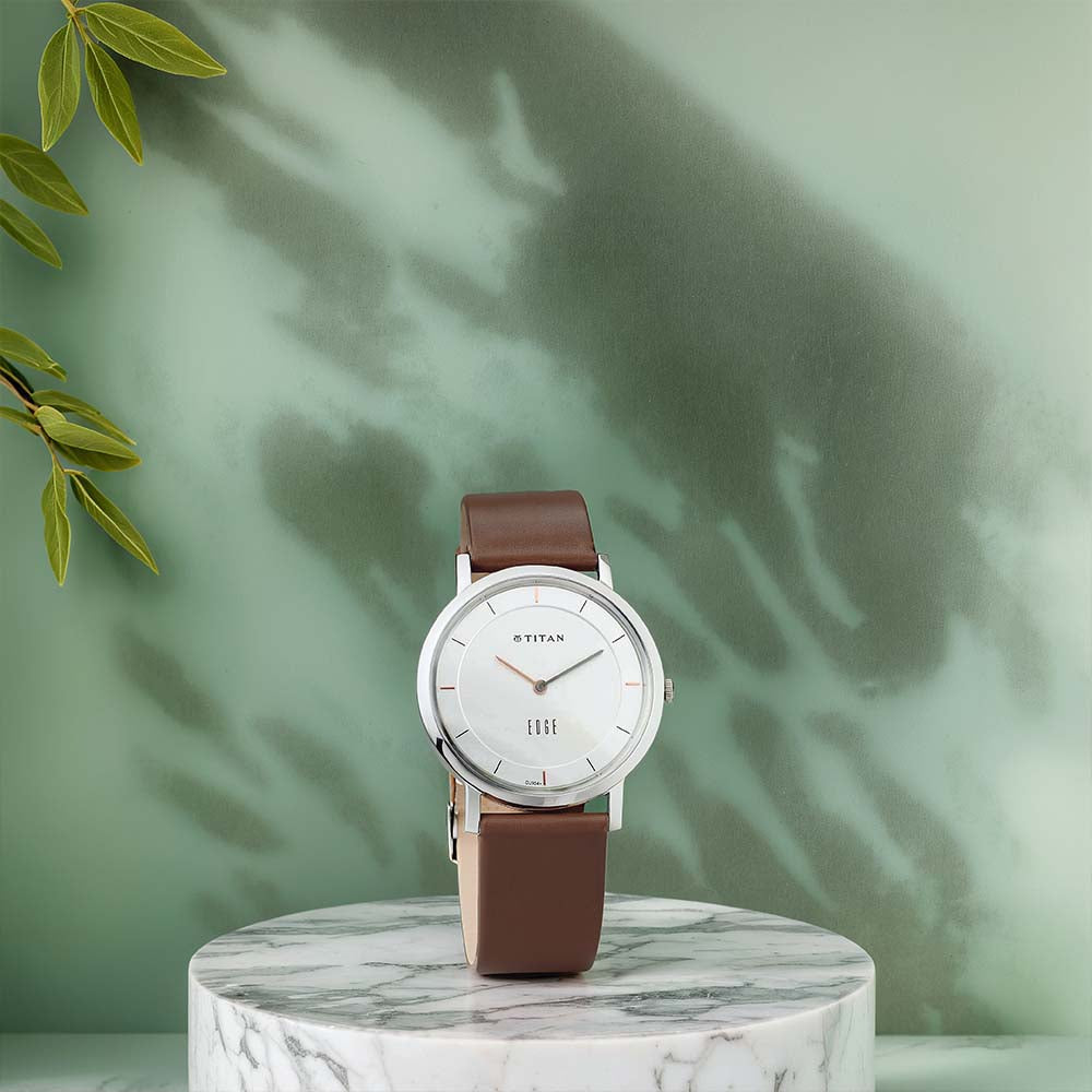 Titan Edge Silver Dial Analog Stainless Steel Leather Strap Watch for Men