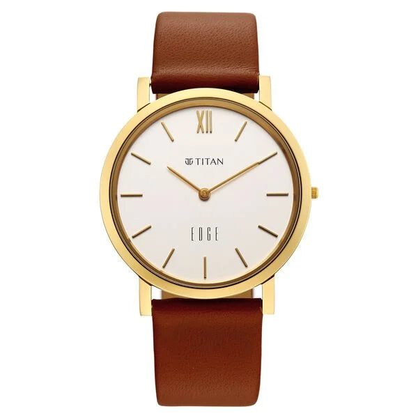 Titan Edge Beige Dial Brown Leather Strap Analog Watch for Men