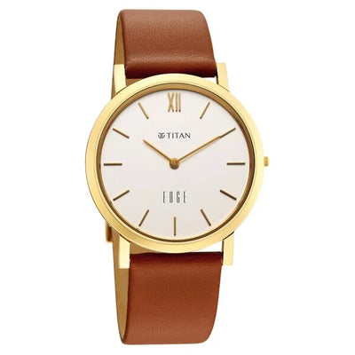 Titan Edge Beige Dial Brown Leather Strap Analog Watch for Men