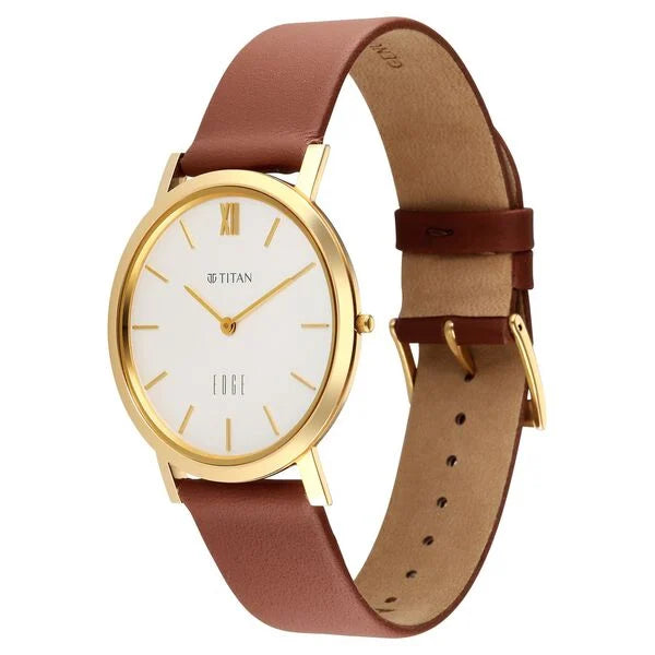 Titan Edge Beige Dial Brown Leather Strap Analog Watch for Men